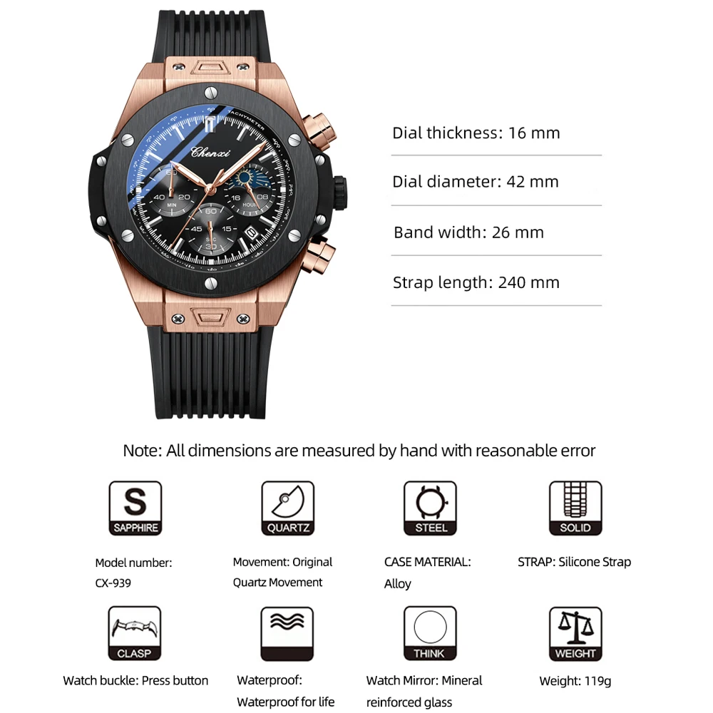 CHENXI Fashion Date Watch Men Top Brand Luxury Male Clock Chronograph Sport Mens Quartz Big Dial Wrist Watch Relogio Masculino