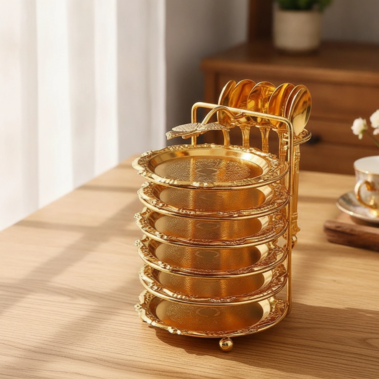 5-Tier Dessert Stand Ornate Tier Tray with Spoons Dessert Display Stand Metal Tiered Tray Space-Saving for Party Hosts