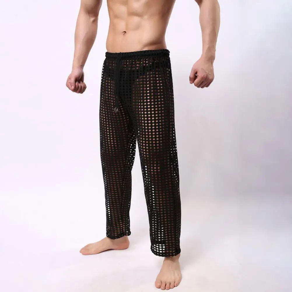 Men Solid Color Pants Drawstring Waist Trousers Breathable Hollow Out Men's Sport Pants with Elastic Waist for Gym Training