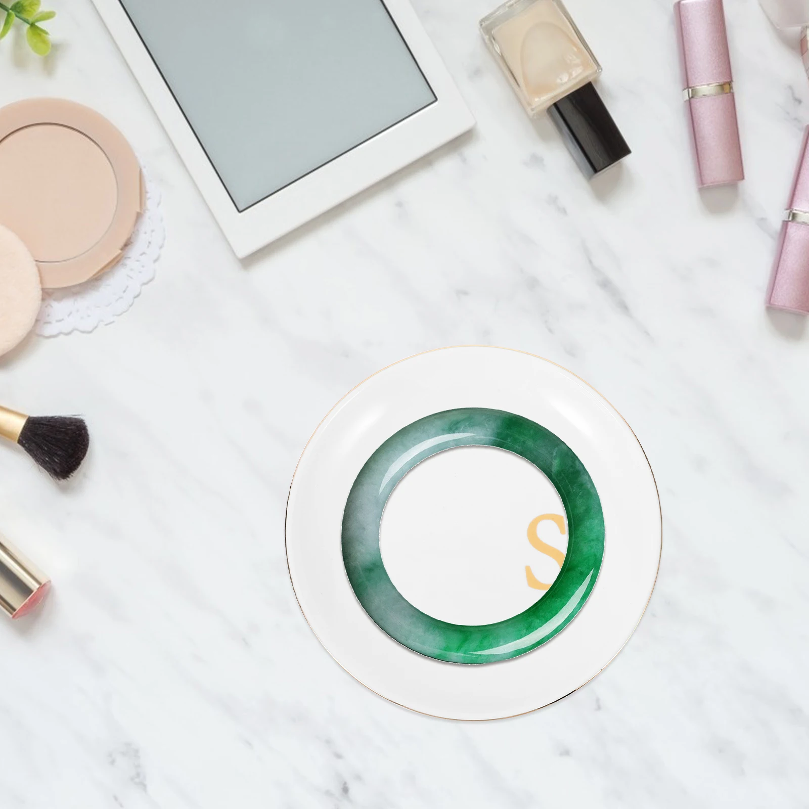 

Gold Edge Ceramic Jewelry Tray Round Multipurpose Jewelry Organizer Tray for Rings Earrings Cosmetics Bedside Dresser