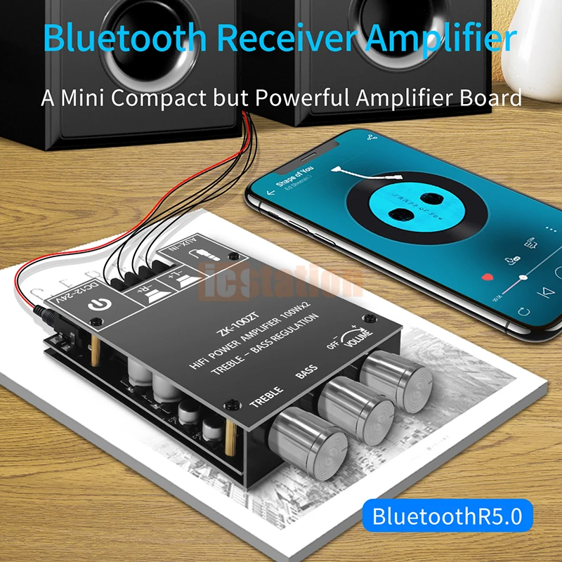 Placa amplificadora de Subwoofer ZK-1002T TPA3116D2, placa amplificadora de Audio estéreo de alta potencia de 2x5,0 W y 100 canales, con Bluetooth 2,0