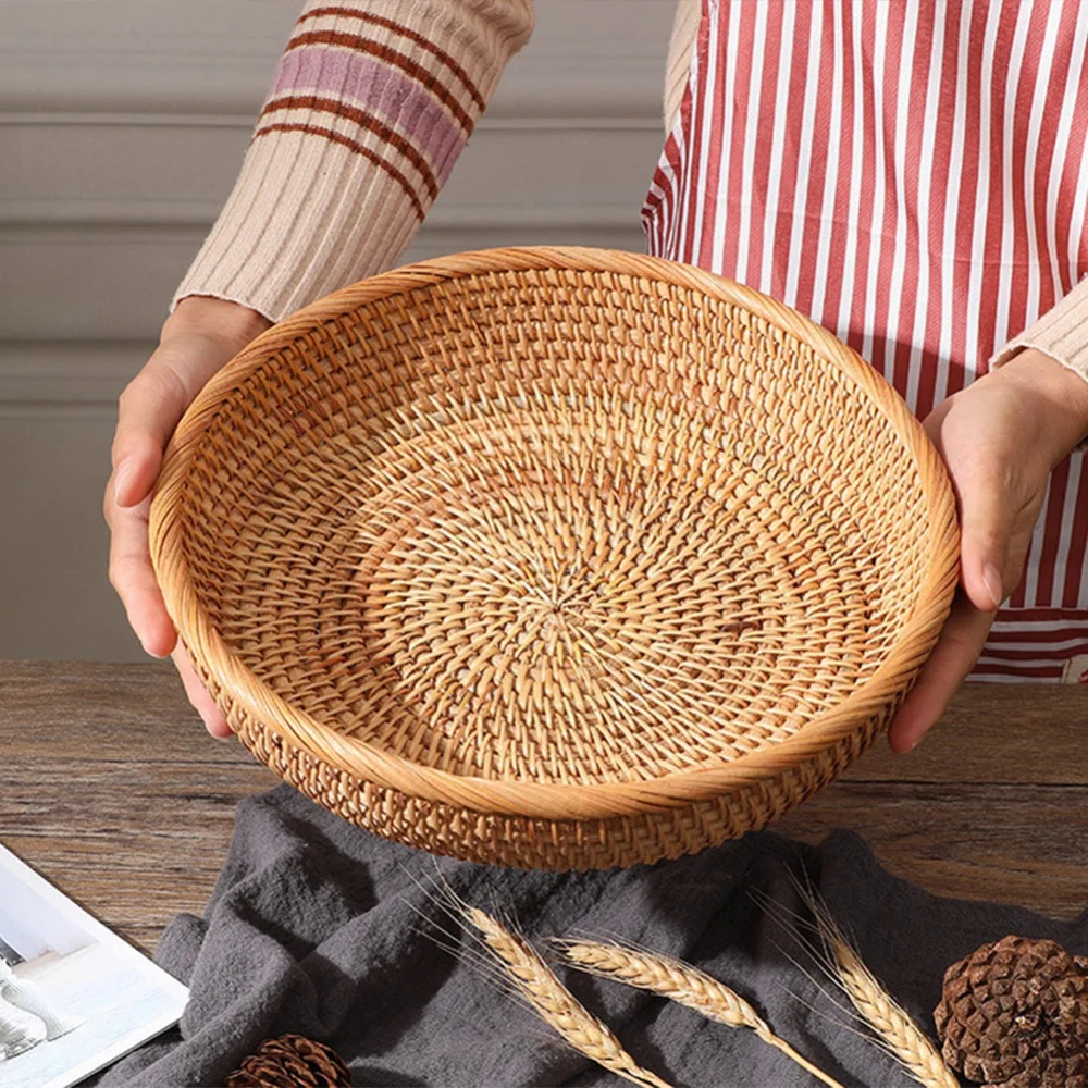 Natural Color Rattan Handwoven Storage Baskets For Home Living Room Dinner Table Snack Fruit Vegetable Food Round Woven Tray Box