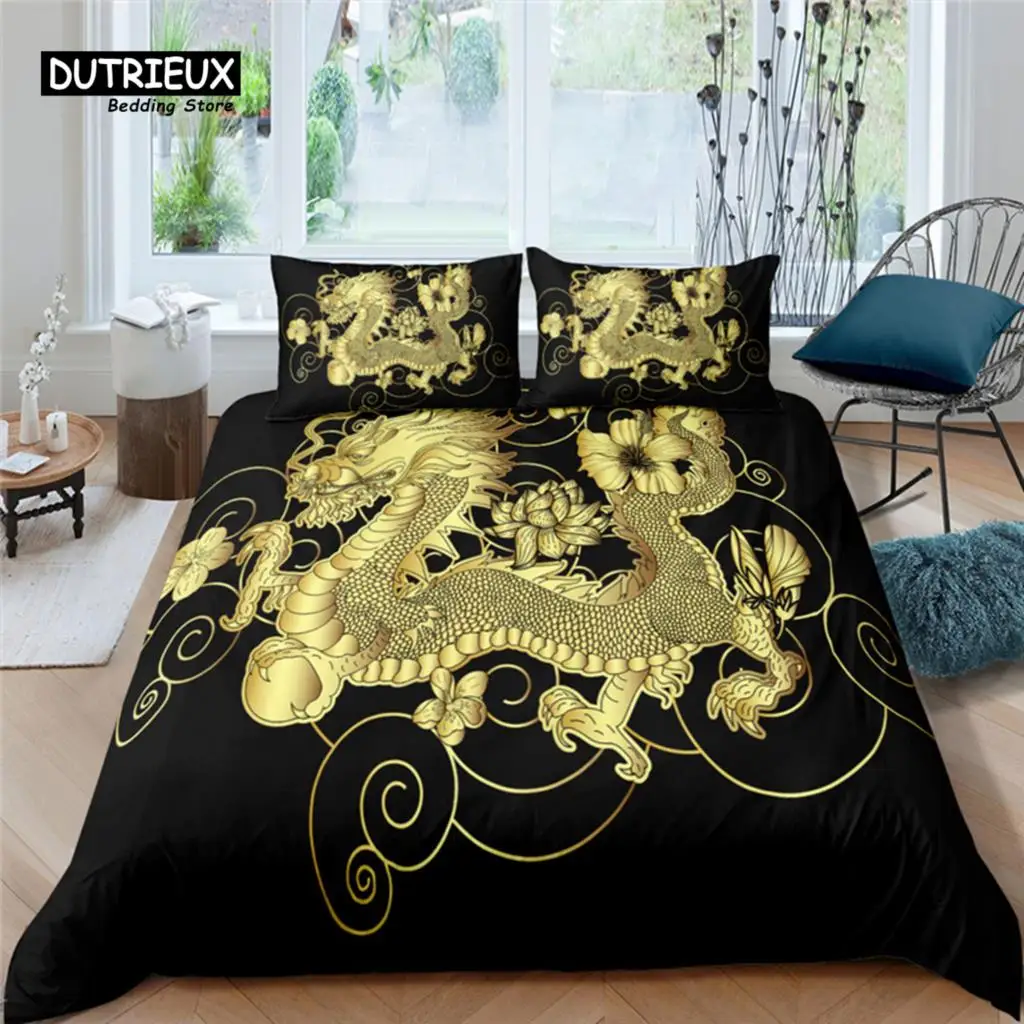 

Home Living Luxury 3D Golden Dragon Print 2/3Pcs Soft Duvet Cover and PillowCase Kids Bedding Set Queen and King EU/US/AU Size