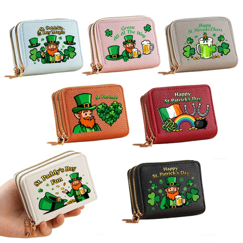 قطعة واحدة من محفظة النقود المعدنية العصرية بنمط عيد القديس باتريك بسحاب مزدوج للتخزين، حزمة بطاقات متعددة، محفظة بمقبض هدية العيد