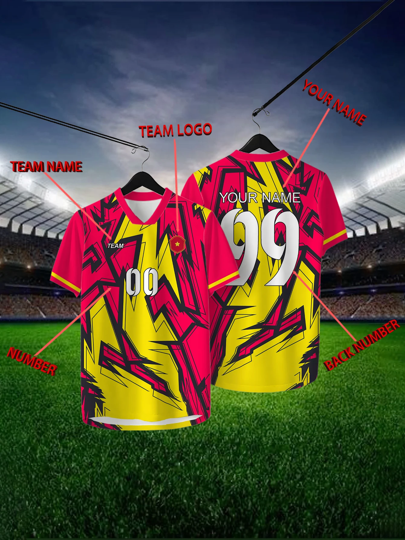 

Customized Geometric Yellow Short Sleeved Shirt with Team Name, Emblem, Name and Number, Outdoor Sports Short Sleeved T-shirt