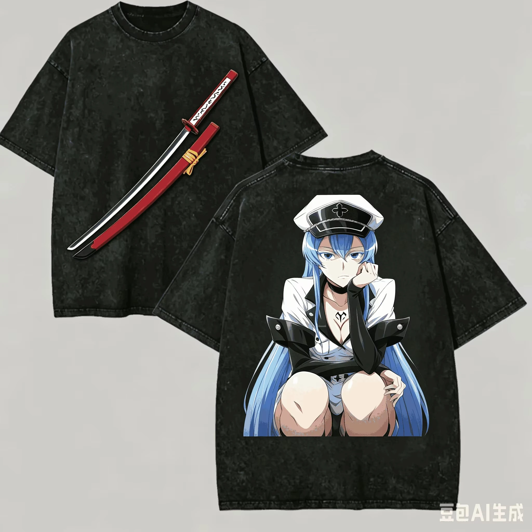 Vintage Washed Akame Ga Kill T Shirt Esdeath Double Sided Graphic Cotton Crew Neck Short Sleeve Unisex Oversized Streetwear Tees