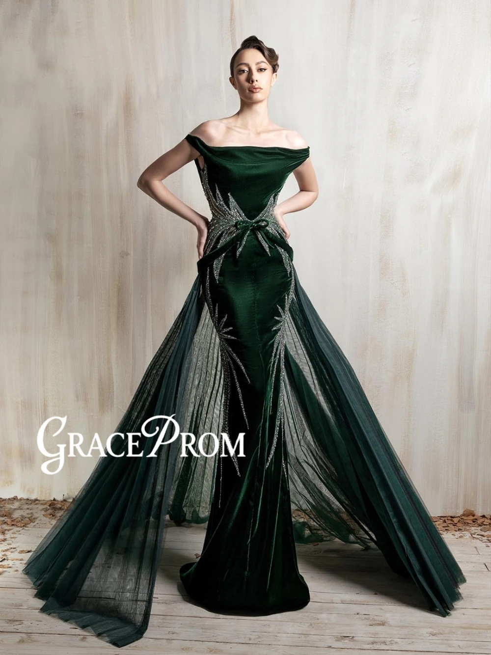 

Newest Emerald Green Beaded Velvet Mermaid Evening Dress 2 in 1 Classy Off Shoulder Customized Prom Gown For Red Carpet Pageant