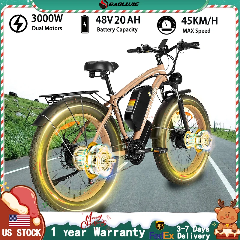 

BAOLUJIE 2602 26*4.0 Inches Adult Electric Mountain Bike 3000W Dual Motor E Bike 28MPH Electric Bicycle UL2849【1 Year Warranty】