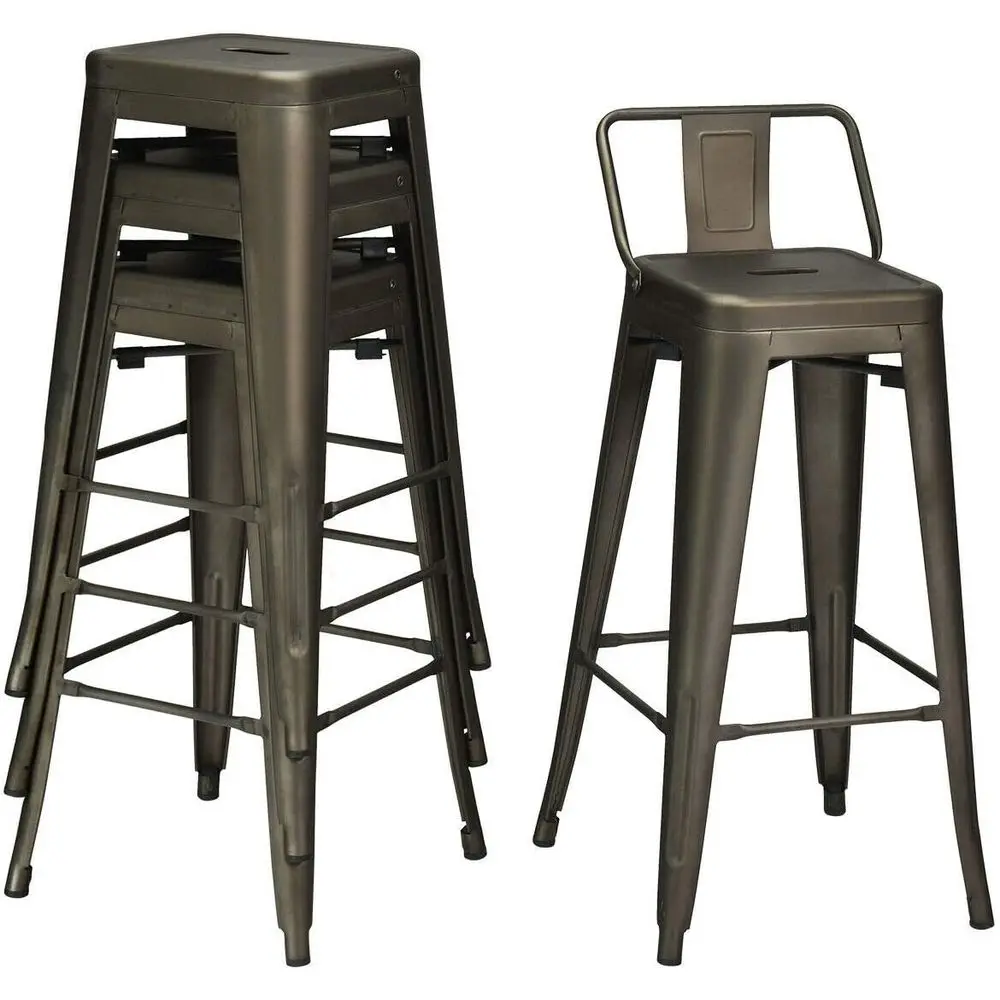 

Set of 4 Metal Dining Chairs for Indoor & Outdoor Use, Stackable Bistro Bar Stools with Detachable Backrest, Suitable for Kitche
