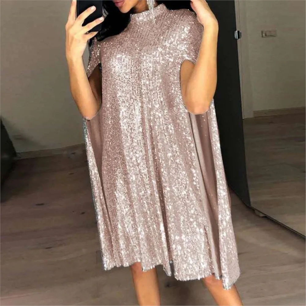 

Small Stand-up Collar Sequin Dress Loose Women's Spring Summer New Slit Long-sleeved Dress Vestidos Para Mujer Ropa Mujer