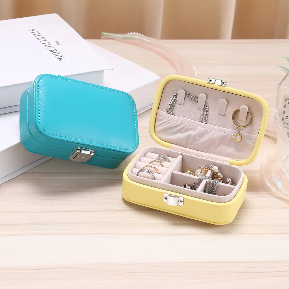 Colorful Jewelry Box PU Leather Ring Earrings Necklace Storage Box Solid Color Travel Portable Jewelry Organizer Large Capacity