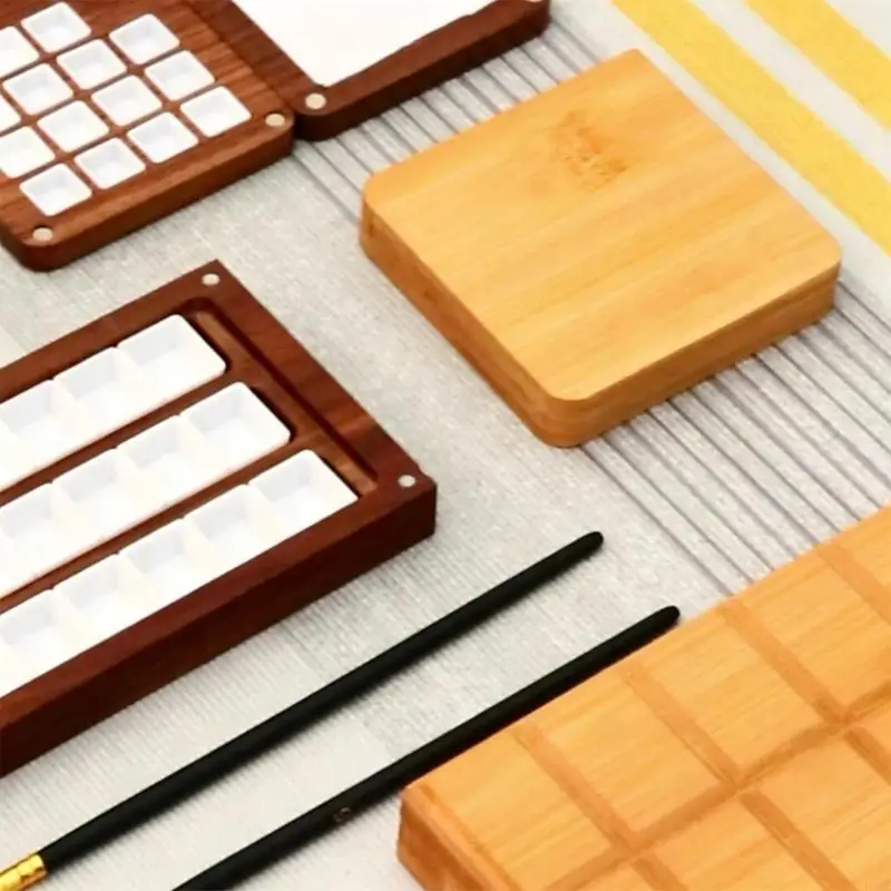 Portable Wooden Paint Mixing Palette Multifunction Watercolor Palette Box For Watercolor Acrylic Gouache Color Blending F19E