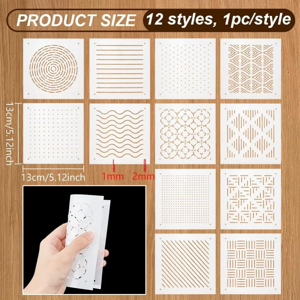 Lot de 12 pochoirs en plastique Sashiko 5x5 pouces – Points, lignes, ondes, traçages – Outil de broderie traditionnelle, gabarit de dessin