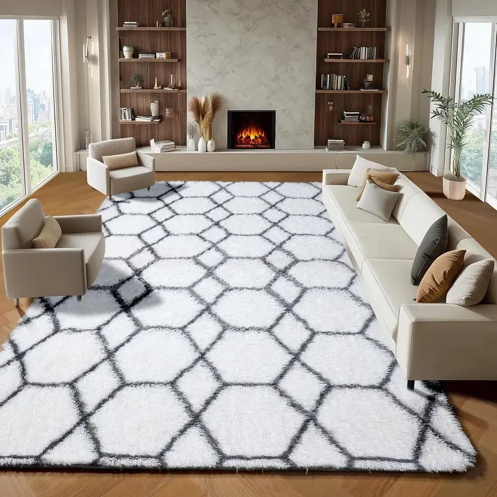 

Ковры 8x10 для гостиной или спальни, бело-серый ковер, геометрический марокканский, пушистый, в стиле бохо, плюшевый напольный ковер