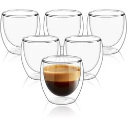 6 pcs Clear Double Wall Glass Coffee Mugs 80ml/250ml Insulated Layer Cups Set for Bar Tea Milk Juice Water Espresso Shot Glass