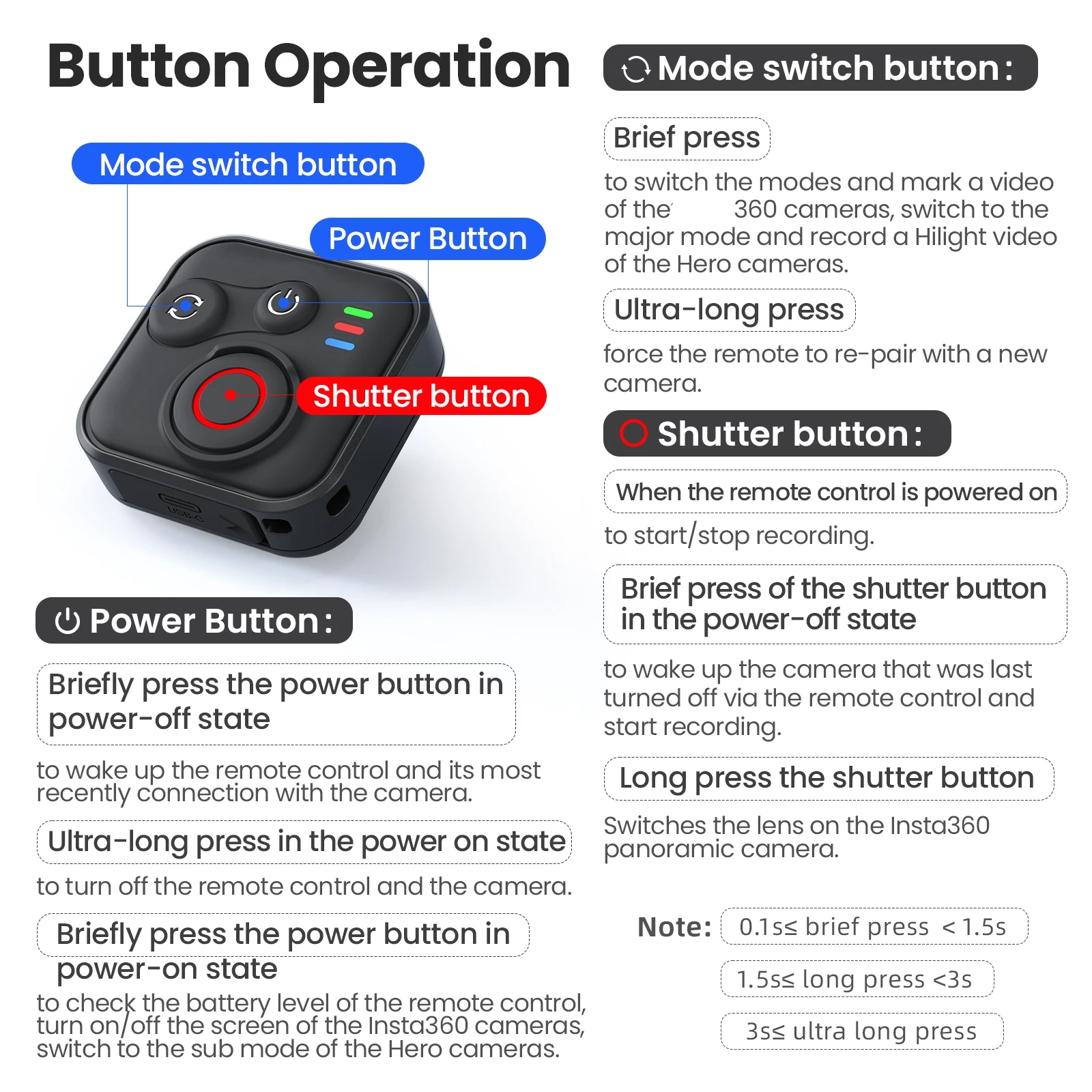 Remote Control For lnsta 360 X5 X4 X3 ACE PRO2 GO 3S Sports Camera BT 50M Remote Control with Charging Cable and Wrist Strap - Image 5