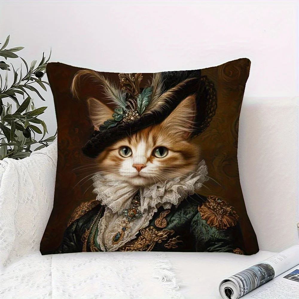 1pc Victorian Gentleman Cat Pillow Cover, Polyester 2D Double-Sided Print, Regal Orange Tabby Cat in Baroque Attire, Cat Lover H