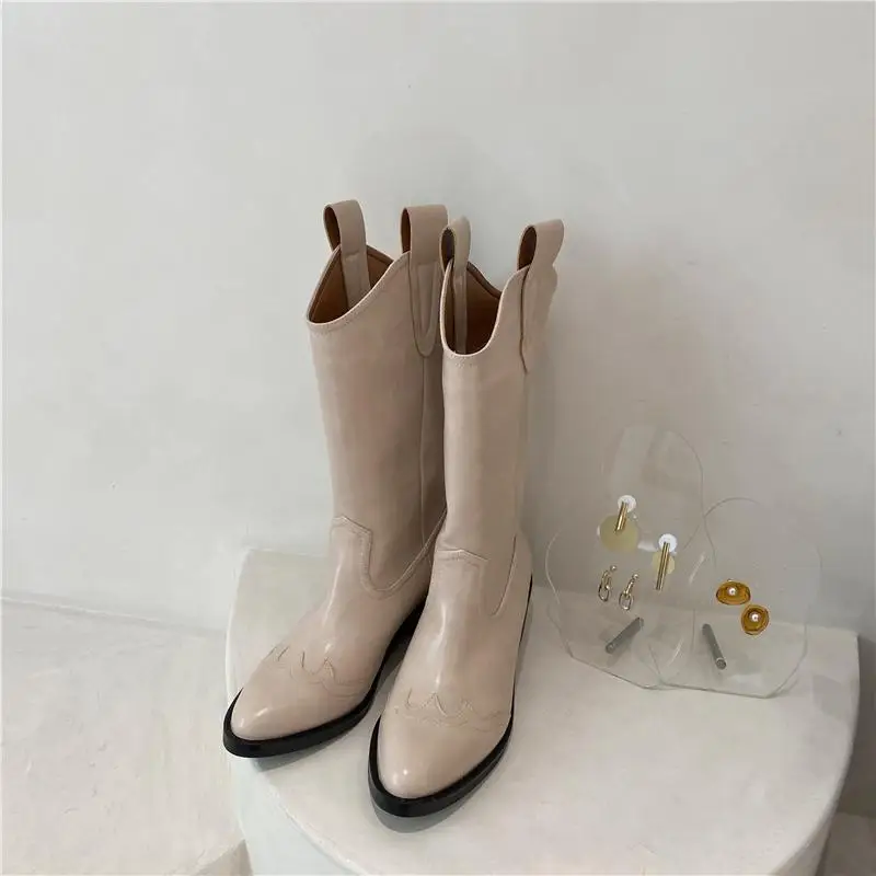 New Rock Ladies Boots Leather Mid Calf Footwear Half High Shoes For Women Middle Heel Sale With Stylish Spring Autumn Hot