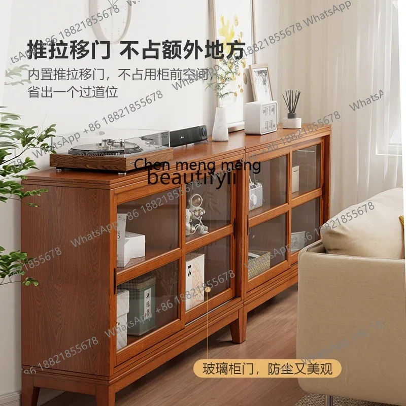 American solid wood short, floor-to-ceiling living room home bookshelf with glass door, low cabinet sliding door view 3