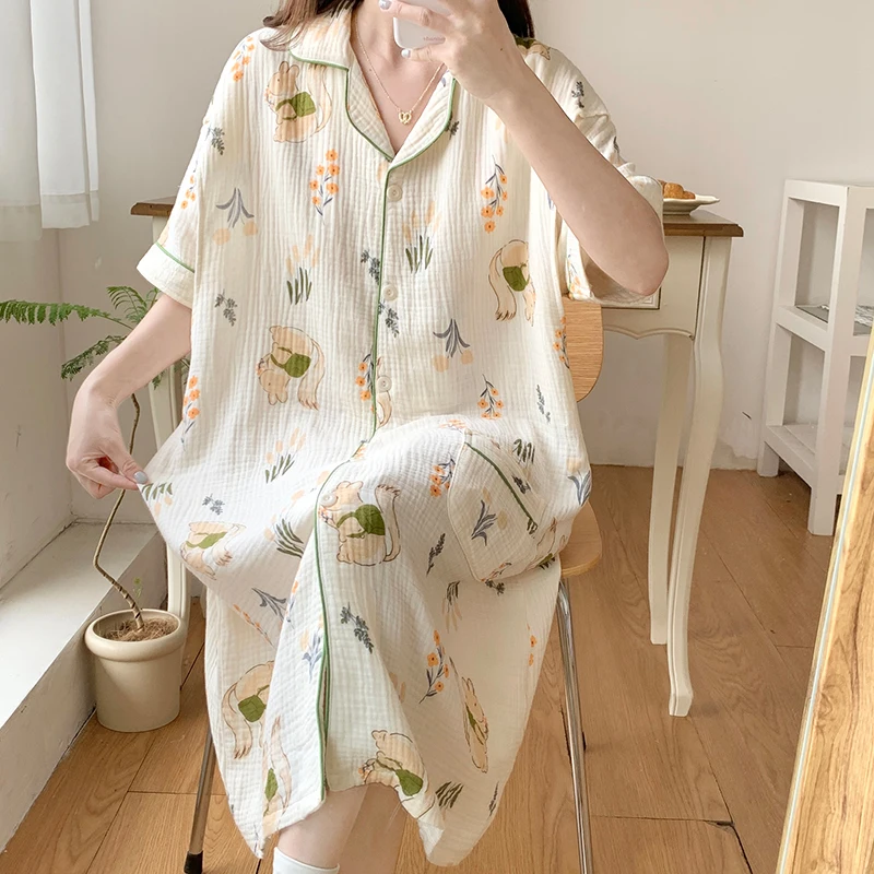 

100% Cotton Double Gauze Nursing Night Dress for Maternity Sweet Loose Floral Printed Sleepwear for Pregnant Women Home Hospital