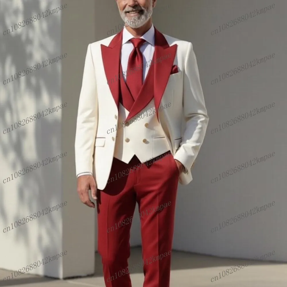 

New White And Red Formal Men Suit Groom Groomsman Wedding Party Prom Business Male Tuxedos 3 Piece Set Blazer Vest Pants