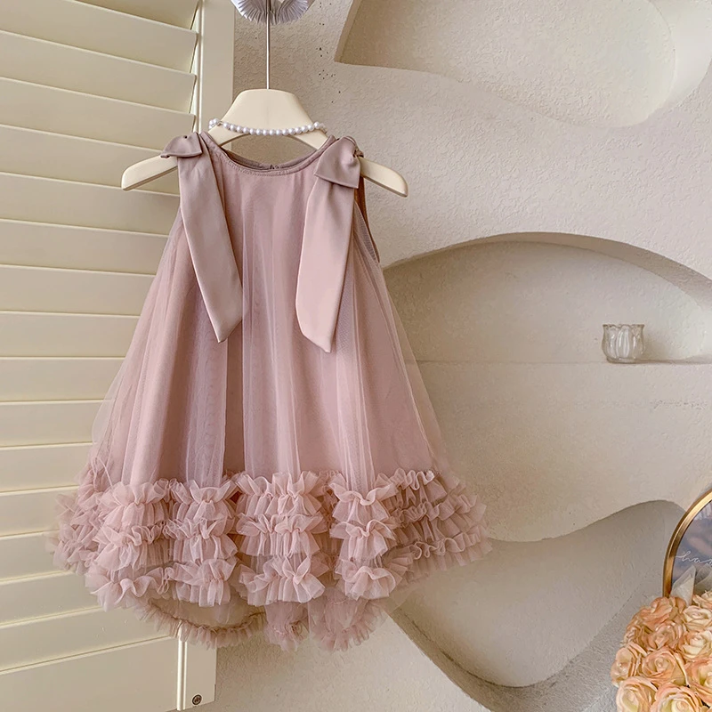 2024Summer Korean Style Girls' New Sleeveless Shoulder Bow Mesh Princess Dress Children's Midi Dress Tide