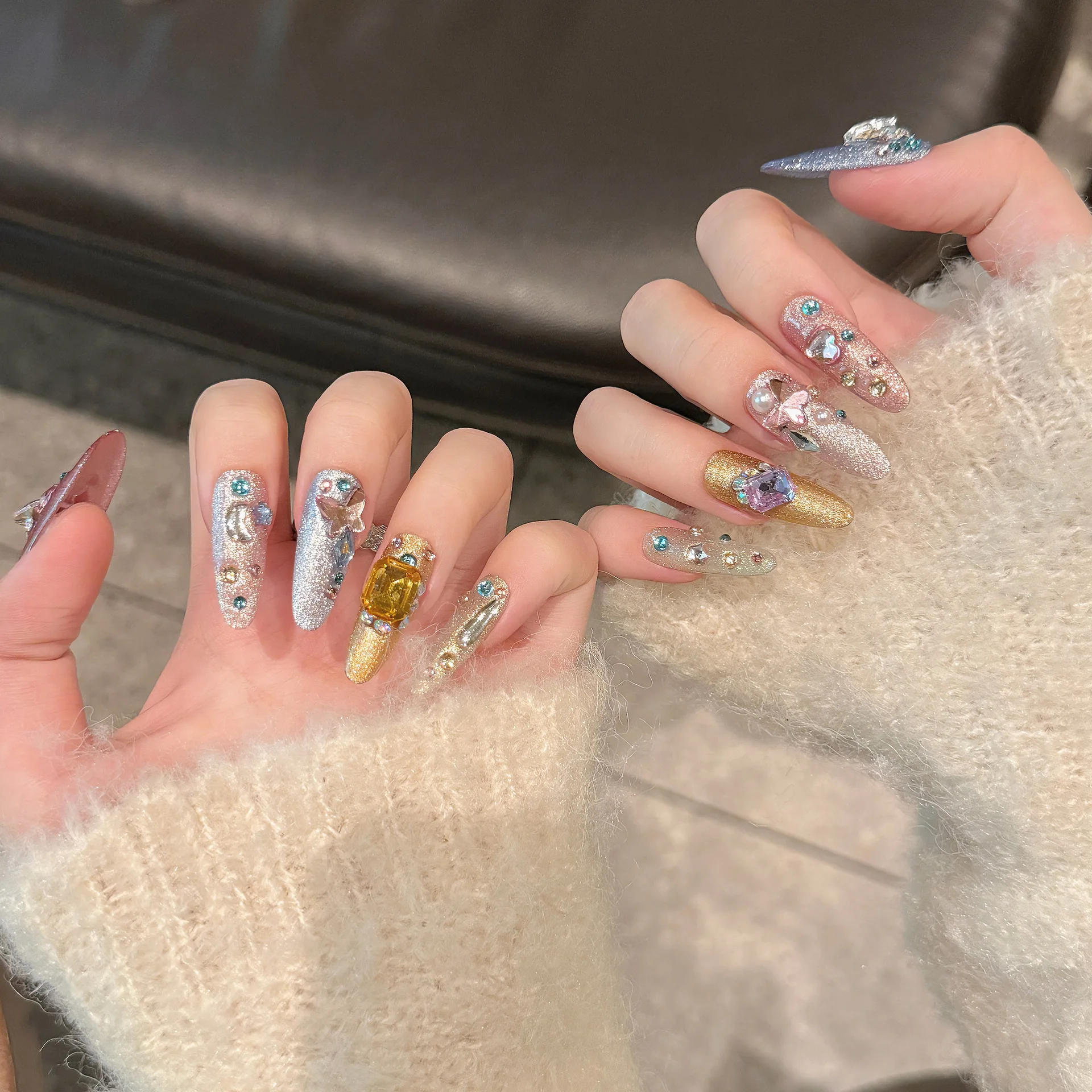 10pcs Aurora Colorful Handmade False Nails Shimmery Diamond Crystal Butterfly Moon Pearl Press On Nails Sweet Korean Fake Nail