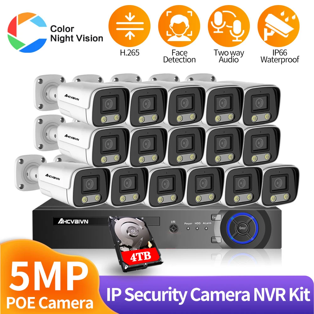 

16CH 5MP POE Security Camera System Outdoor Waterproof IP Bullet Camera Video Surveillance Kit Color Night Vision 4K POE NVR Kit