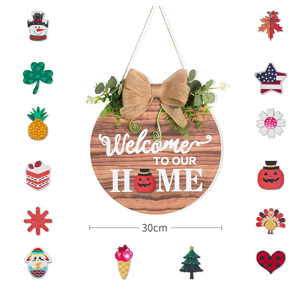 Interchangeable Seasonal Welcome Sign Front Door Decoration, Rustic Round Wood Wreaths Wall Hanging Outdoor, for All Holiday