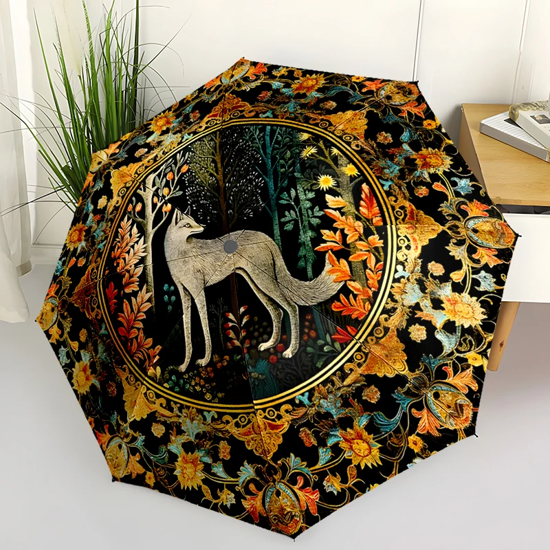 Cool Wolf Theme Folding Umbrella - Fashionable Auto-Open Design 8 Iron Ribs Plastic Handle Foldable Sunshade，Perfect Gifts