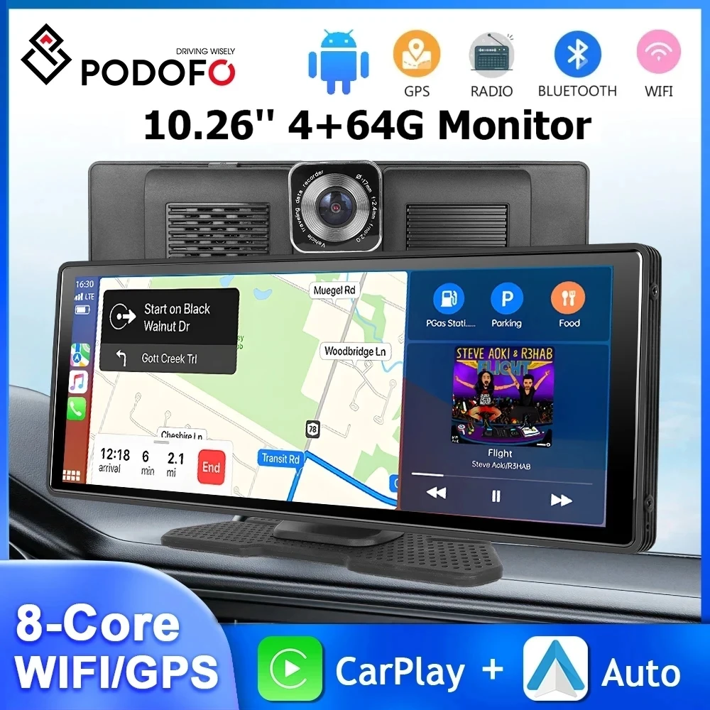 Podofo 4+64G Android 13 Car Monitor Wireless Carplay Android Auto 10.26” Dashboard Dash Cam GPS WIFI Front Camera Smart Player