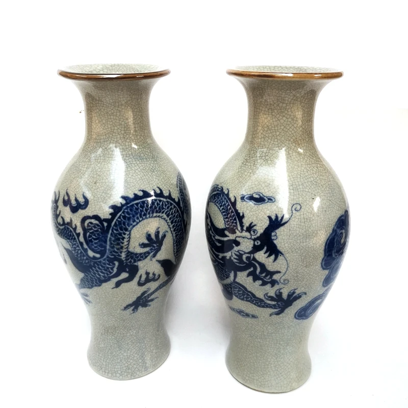 YIZHU CULTUER ART Size 24 cm A Pair Old Chinese blue-and-white Porcelain Dragon Vase Family Decoration Gift Collection