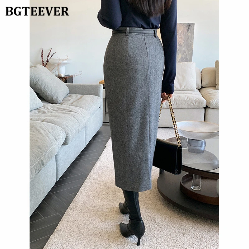 BGTEEVER Vintage High Waist Female Split Skirts Elegant Skinny Mid-Length Woolen Skirts for Women Autumn