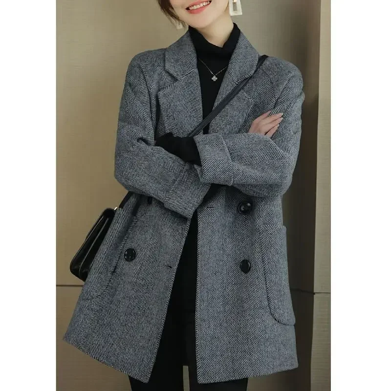 

UNXX 2024 Autumn Winter New Arrival Fashion Double-breasted Blazer Women's Medium Long Suit Collar Loose Hepburn Pure Wool Coat