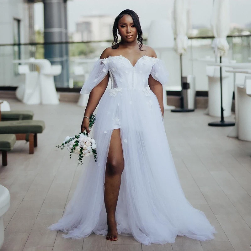 

Nigeria White Wedding Dresses Aso Ebi Bride Robe Bridal Shower Dress Off Shoulder Side Split A Line Tulle Appliques Customized