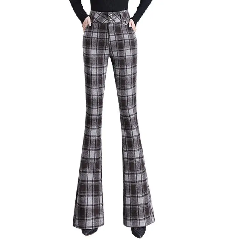 Vintage Fashion Autumn Winter Woolen Flare Pants Women High Waist Plaid Button Pockets Temperament Casual Slim Wide Leg Trousers