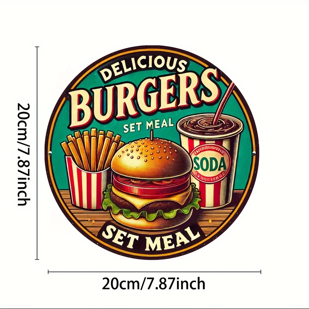 Vintage Delicious Burgers Set Meal Round Tin Sign, 1pc 2D Flat Retro Diner Fast Food Metal Wall Plaque, 20cm Cafe Kitchen Restau