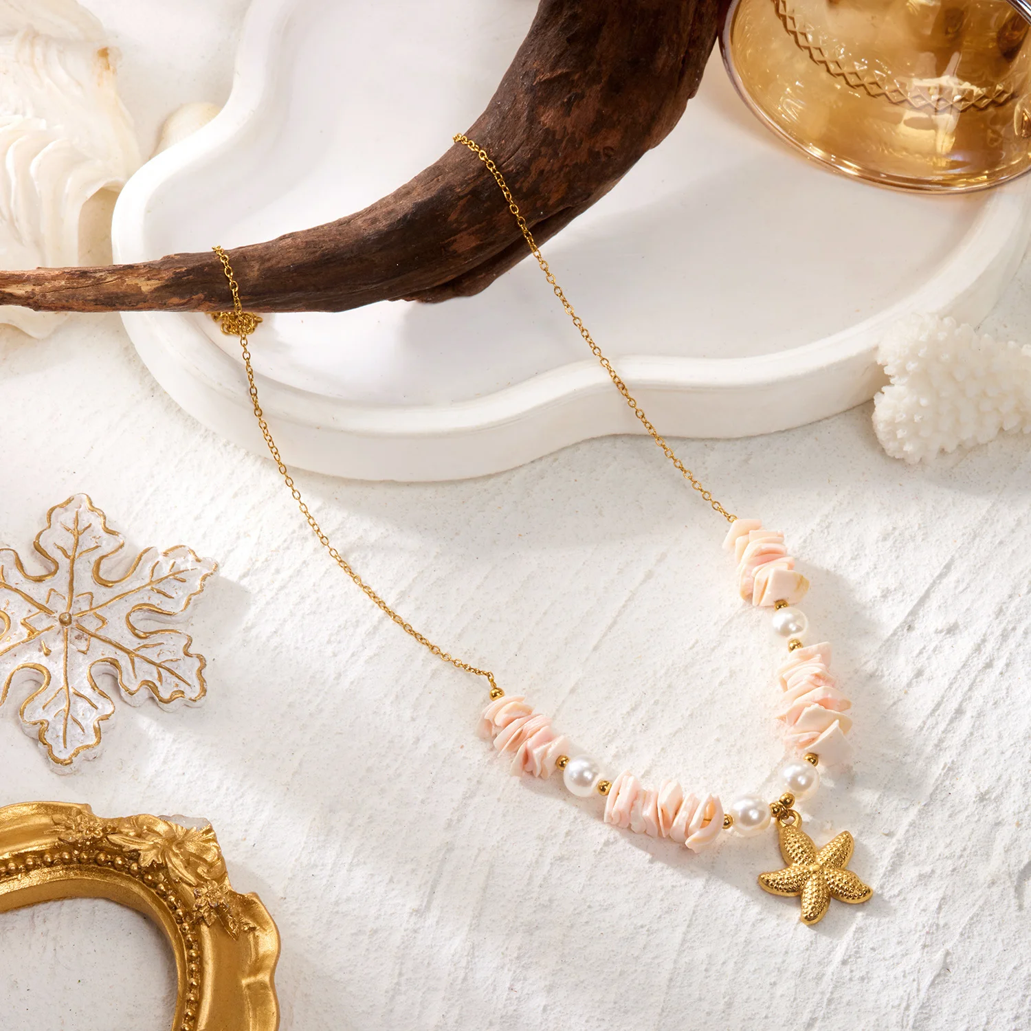 Design Sense Sommer-Halskette mit Muschelanhänger und Perlen für Damen, Boho-Stil, unregelmäßiger Zerkleinerte-Stein-Seestern-Halskette, Schmuckgeschenk – Detail 5