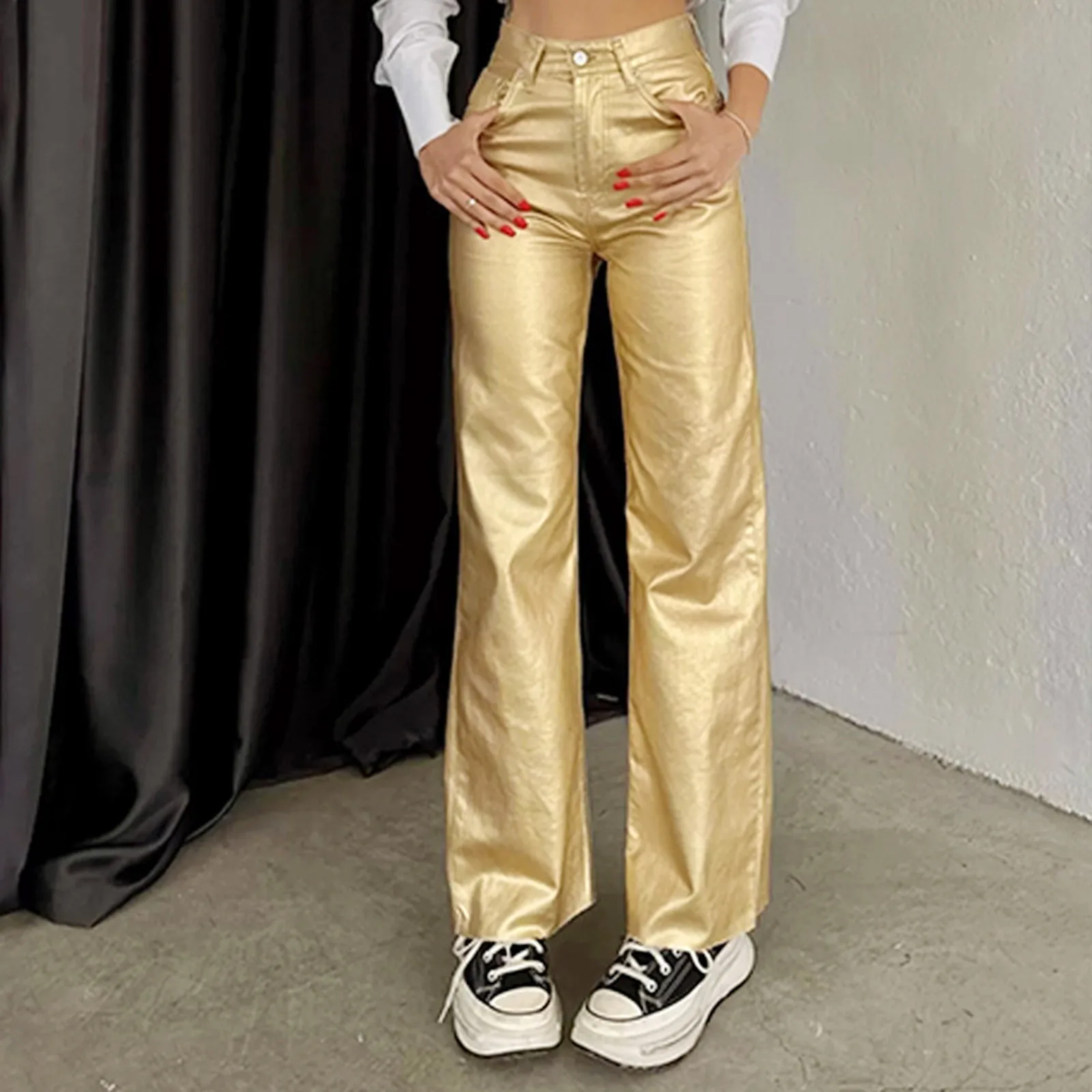 

Gold Silver Women's Faux Leather Pants Loose Solid Color PU Pant High Waist Vintage Nightclub Party Y2k Women's Shiny Pants