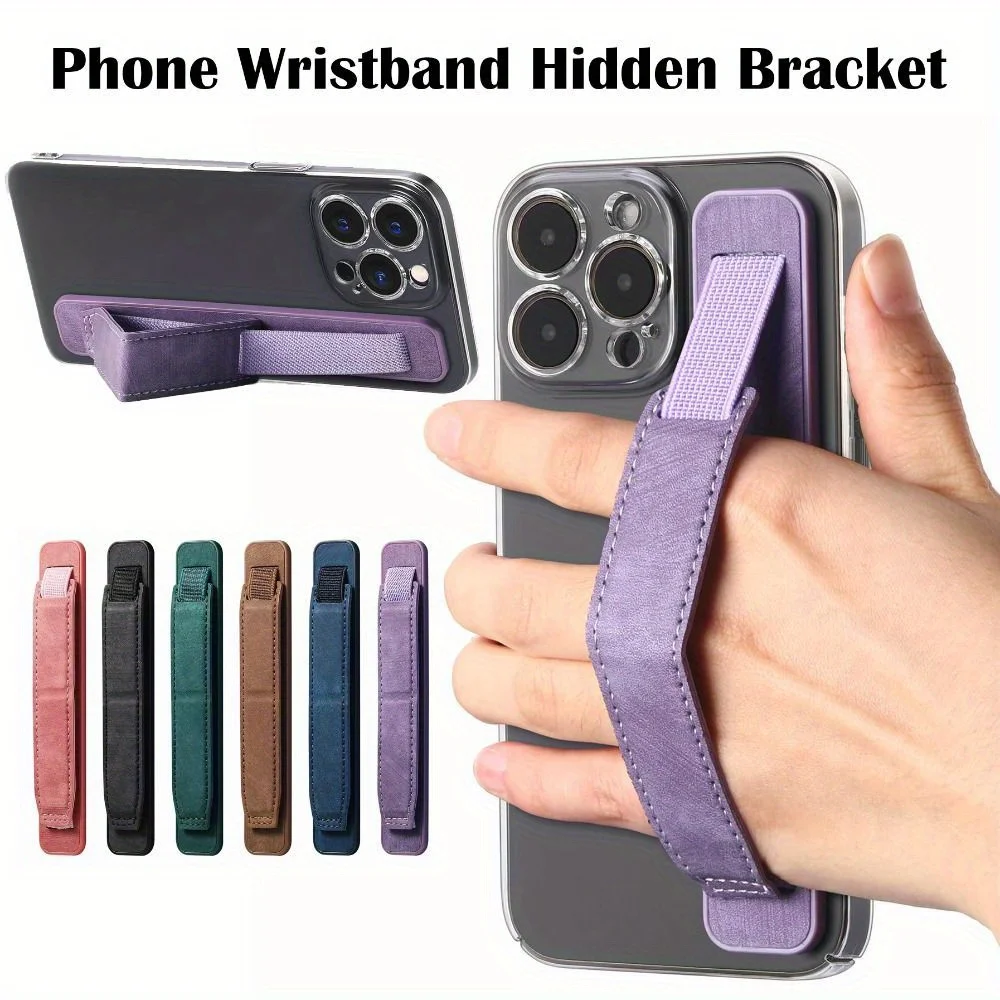 Pulsera de piel sintética para teléfono con soporte oculto, soporte telescópico autoadhesivo para teléfono inteligente, correa de agarre para teléfono, 1 ud.