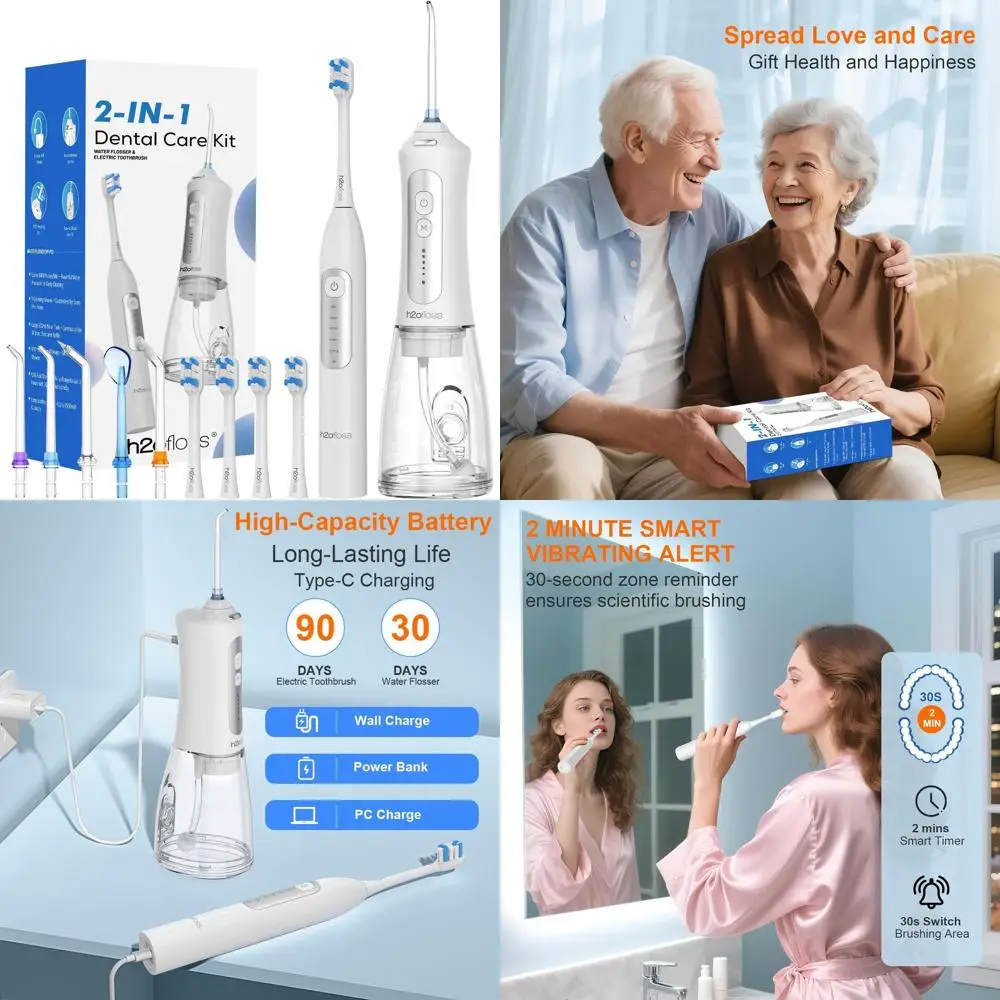 

Dual Function Electric Toothbrush & Water Flosser, Rechargeable 2000mAh Brush & 2500mAh Irrigator, 300ml Tank, 4 Heads, 5 Nozzle