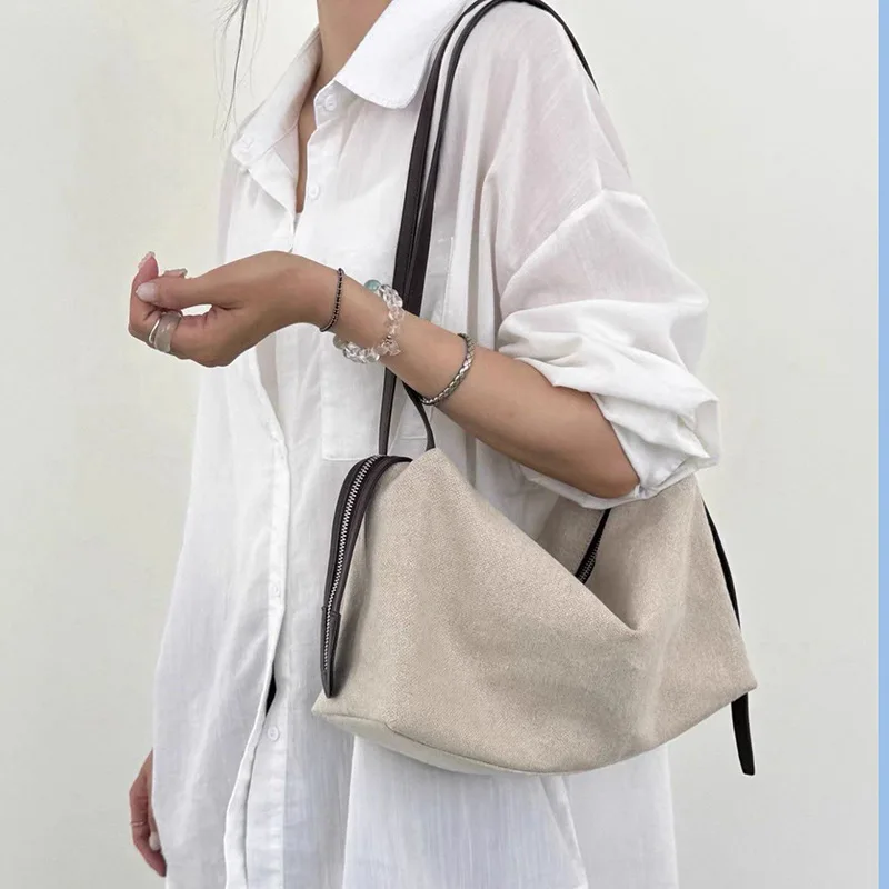 FIRMRANCH 2026 Spring/Summer New Lightweight Breathable Canvas Double Zipper Travel Tote Bag Women's Shoulder Bag Toast Shape