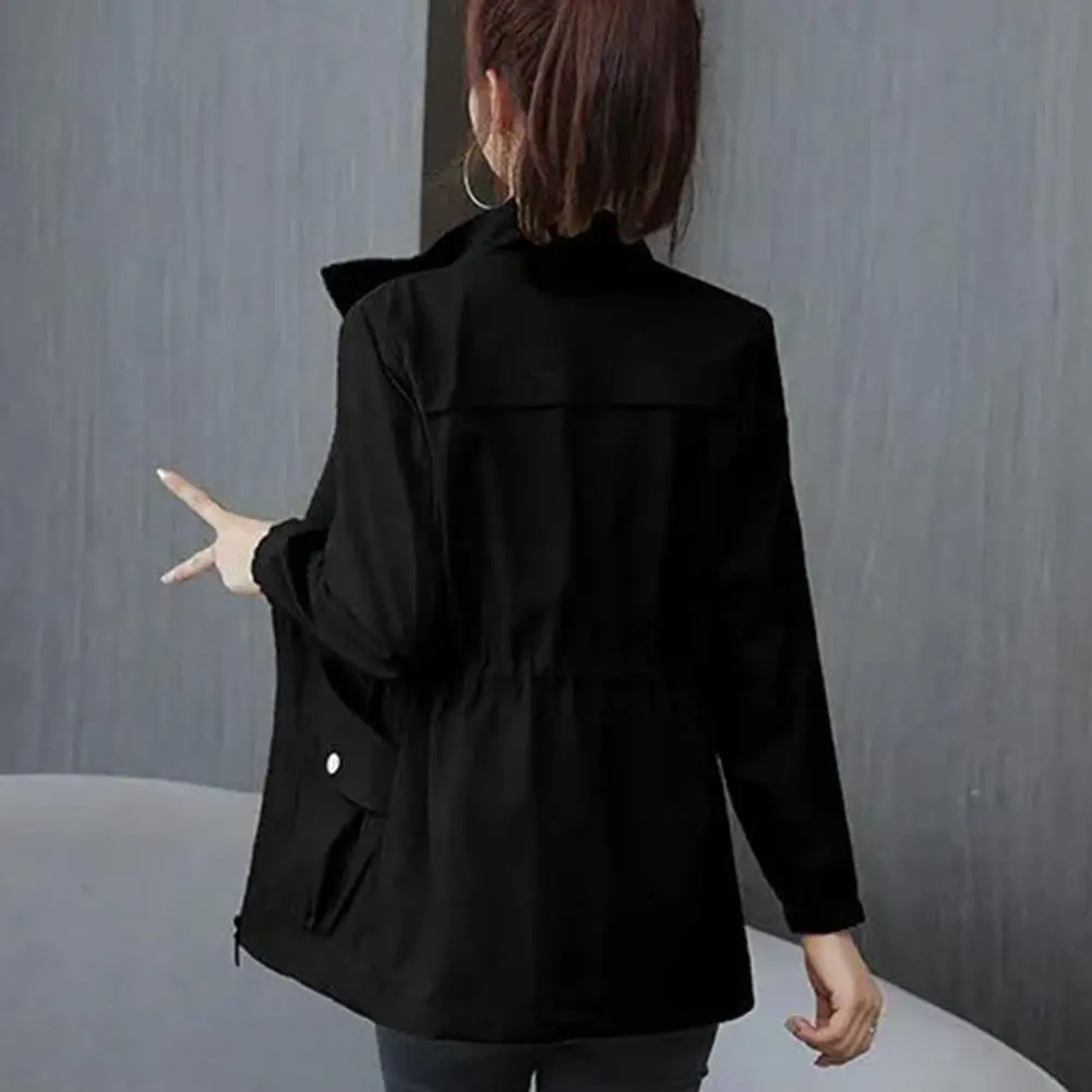 Women Long Sleeve Jacket Stylish Double Layer Women's Windbreaker with Stand Collar Zipper Placket Inner Drawstring for Autumn