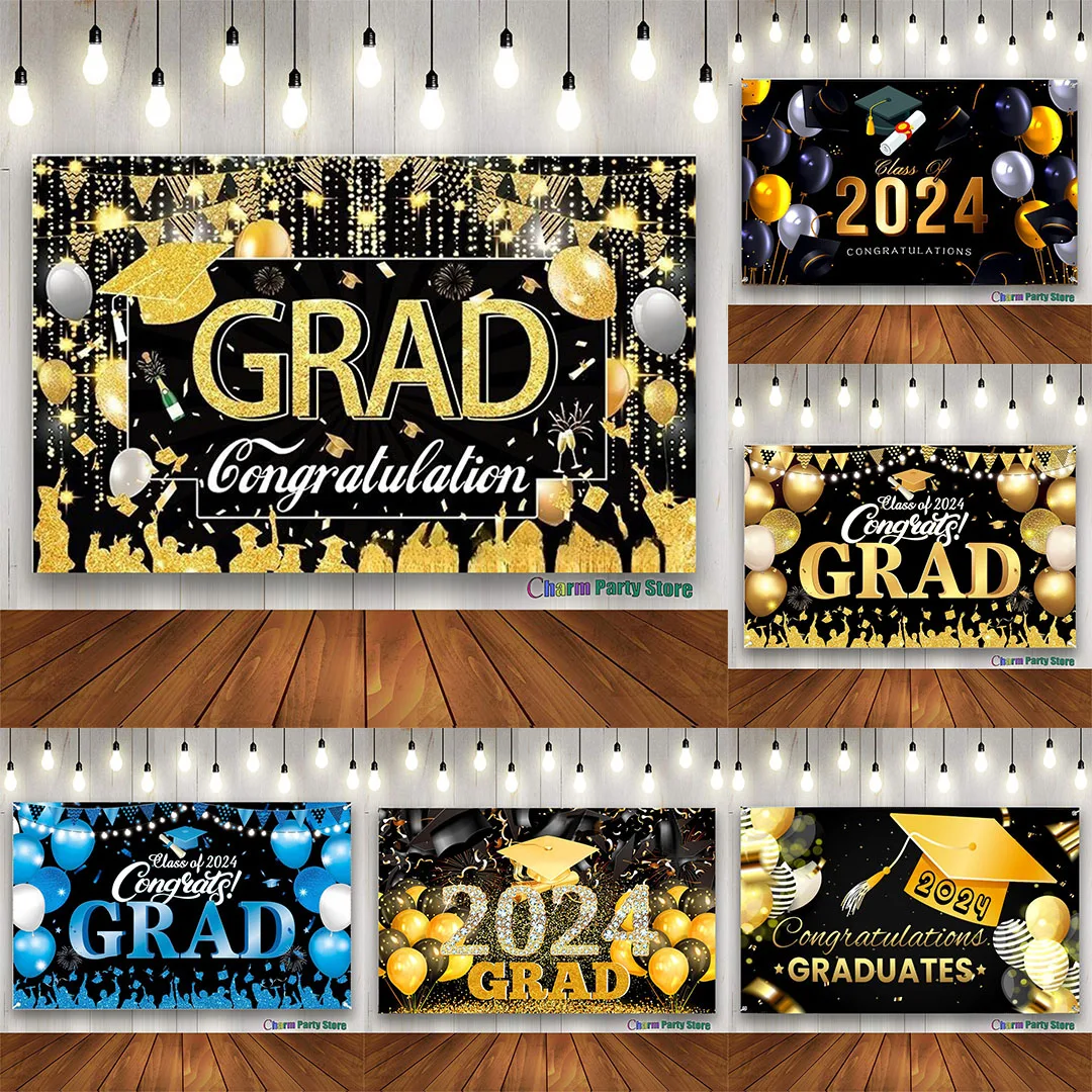 Charm Graduation Party Backdrops Class of 2024 Congratulation Graduate Golden Glitter Balloon Celebration Photography Background