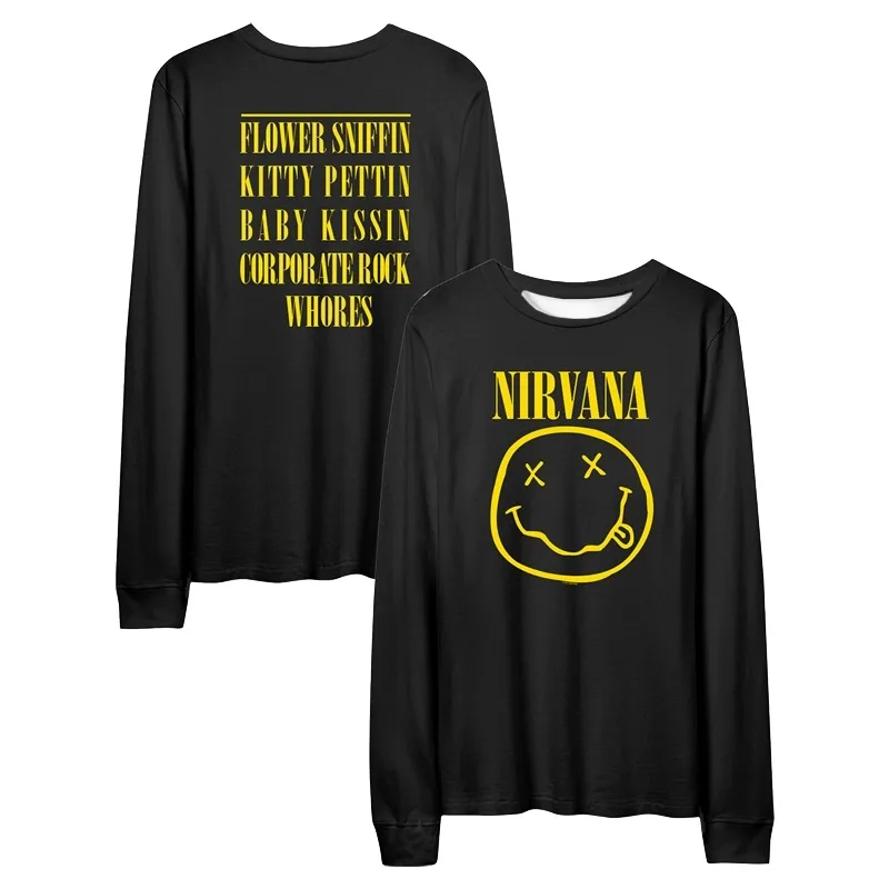 جديد الخريف والشتاء ثلاثية الأبعاد مطبوعة نيرفانا الفرقة كوبين روك وجه مبتسم ابتسامة الرجعية المطبوعة العصرية قمة الموضة قميص طويل الأكمام
