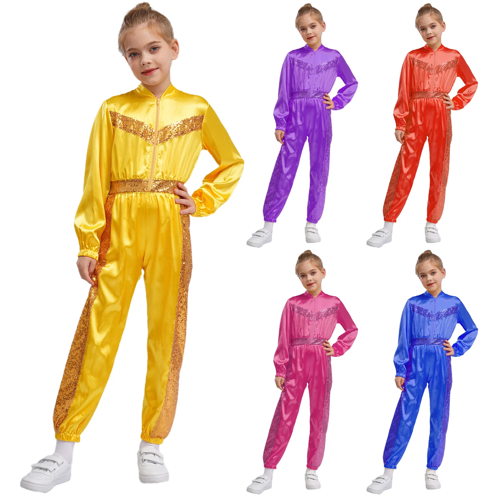 Kids Girls Shiny Sequins Satin Jumpsuit School Party Jazz Hip Hop Street Dance Performance Costumes Long Sleeve Zipper Bodysuit