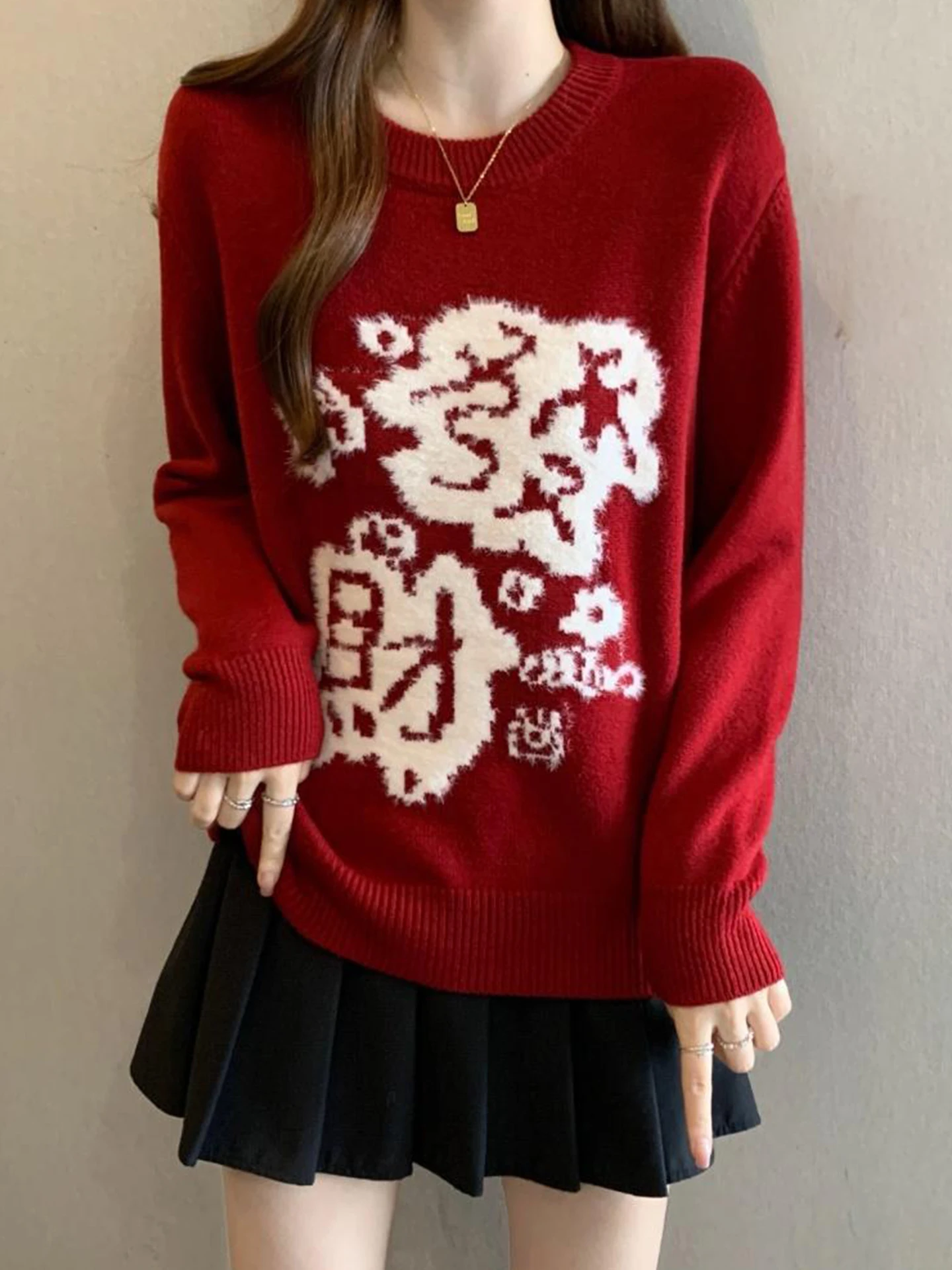 

Festive Red Knit Sweater Women's Autumn Winter Loose Fit Comfortable Knitted Top Trendy Commute Sle round Ne Long Sve