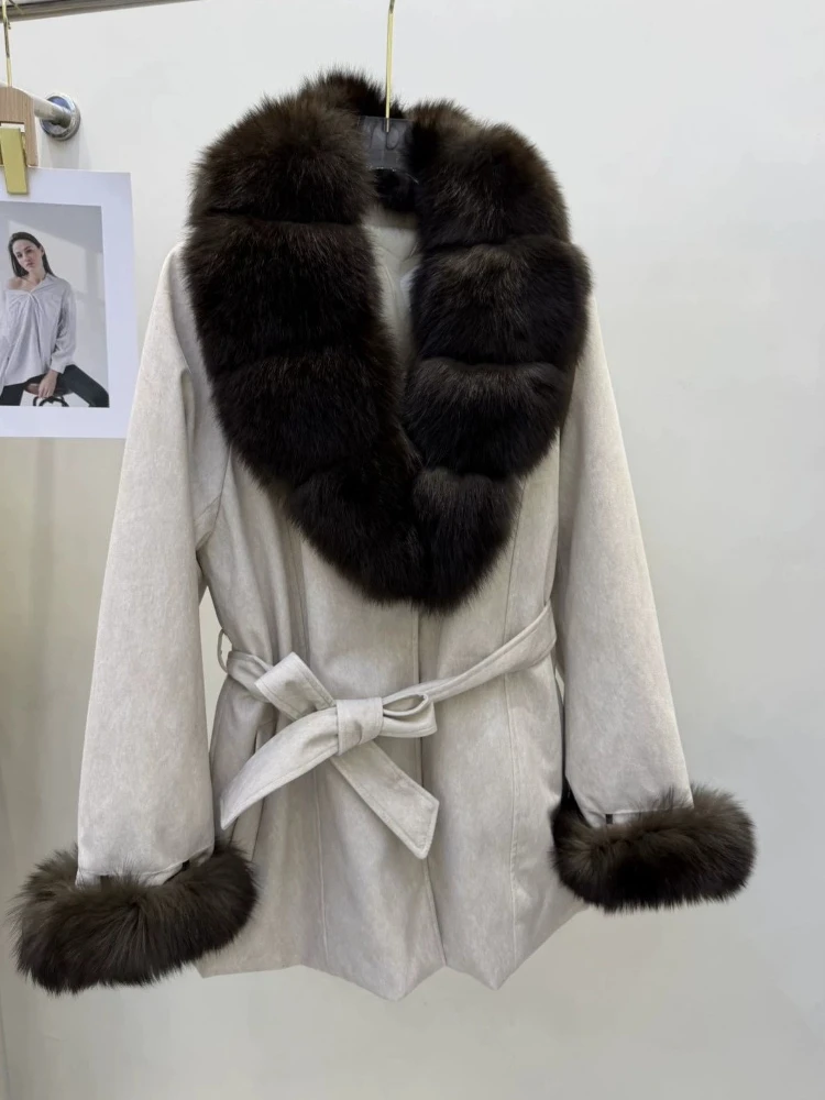 OFTBUY Down Jacket for Women  Premium Real Fox Fur Collar Suede Puffer Jacket Adjustable Belt Slim Fit Vintage Elegant Warm Coat