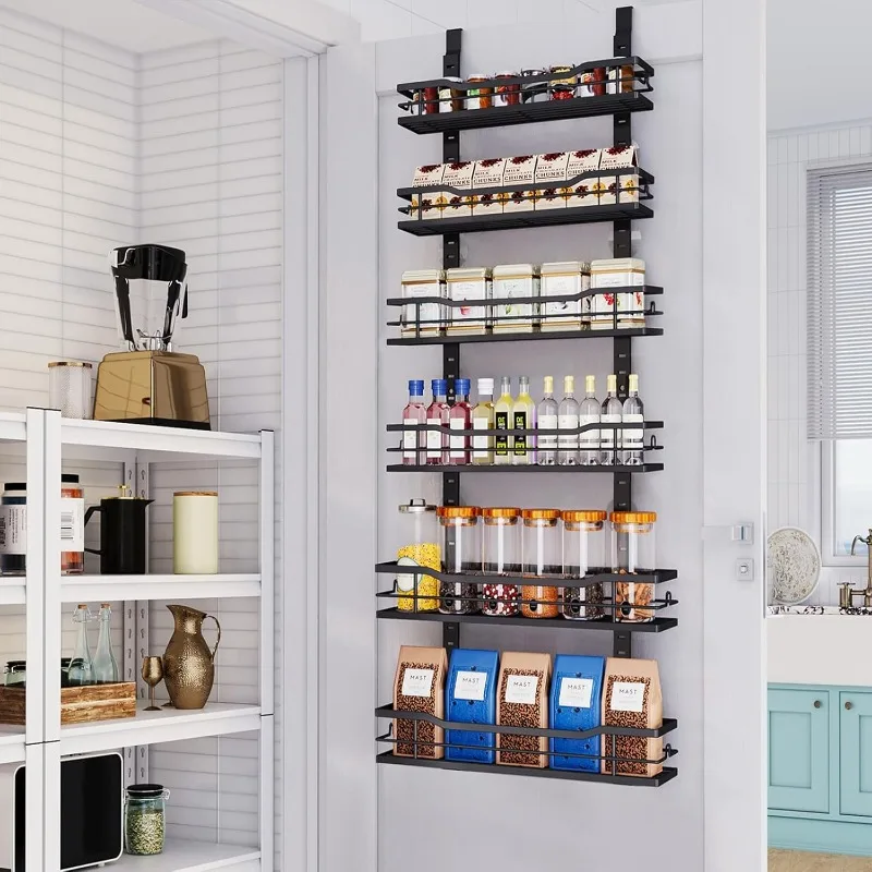 6-Tier Over The Door Organizer with Adjustable Basket，Metal Hanging Pantry Organizers and Storage, Back of Door Seasoning Rack