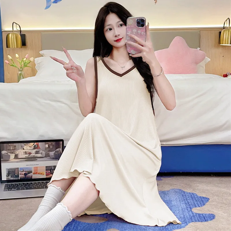 

Large Size Lounge Nightwear Woman Nightdress Sleeveless Long Vest Dresses New Summer Women's Nightgowns V Neck Sleep Shirt